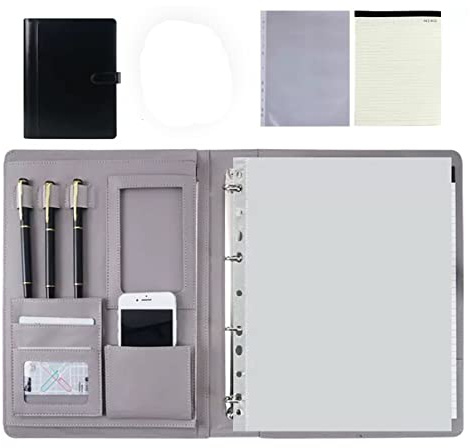 Business Conference Leather Foldover Folder, Folder A4 Conference Folder with 4 Ring Binder A4 Leather for Business Students Job Interview Resume Training School(Black,No Calculator)