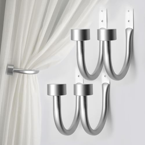 4PCS Curtain Holdbacks, Wall Mounted Curtain Holders, Curtain Hooks for Drapes, Curtains Tie Backs Hooks for Bedroom, Living Room, Silver