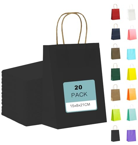 MORAINJAY 20 Stück Geschenktüten mit Henkel,Kraftpapiertüten,15x8x21cm Schwarz Papiertüten für Geschenkverpackung,Gastgeschenke Tüten für Einkaufen,Hochzeiten,Verpackungen,Kindergeburtstag