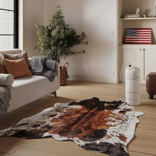 NativeSkins Faux Cowhide Rug 3'1 x 4'1 – Brown Cow Print Area Rug for Living Room & Bedroom – Non-Shedding, Flat-Lay, Pet-Friendly – Faux Suede Grip Backing – Vegan Western Farmhouse Decor