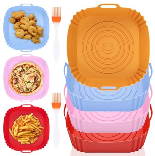 4 Pezzi Teglie per Friggitrice ad Aria, Contenitori per Friggitrice ad Aria con Pennello, Reusable Cestino per Friggitrice ad Aria, Cestini Silicone Pot per Friggitrice (Quadrato)