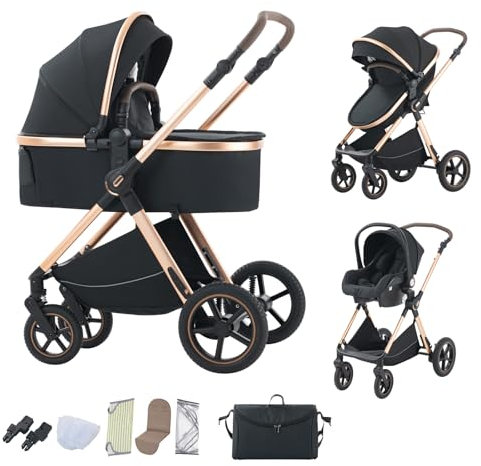 BEBBY Cochecito de bebé 3 en 1，Carrito Bebe 3 en 1 Con Asiento De Auto, Portátil, apoyabrazos ajustables, Carricoche Combinado Paisaje Alto Marco de Aluminio Para Recién Nacido ((D2) Black, H2-D)