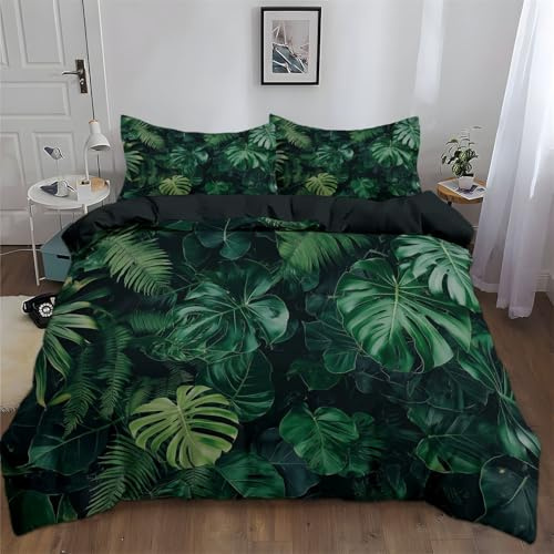 Srigzcaly Bettwäsche 155x220 3teilig, Wendebettwäsche Tropische Blätter Monstera Grün, Bügelfreier Bettbezug 155 x 220 cm mit 2 Kissenbezügen 80x80cm & Reißverschluss, Atmungsaktives Bedding Set