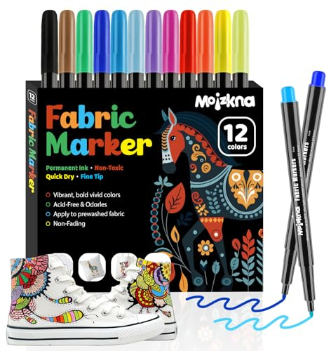 Textilstifte Waschmaschinenfest, 12 Textilfarbe waschmaschinenfest, Waschfeste und Permanente Stoff Marker für T-Shirt Stoffbeutel Schuhe Eingebautes Pal Für Kinder und Erwachsene