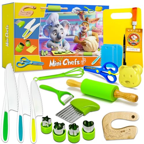 Lalfof Kit Cuisine Enfant avec 3 Couteau Cuisine Enfant | 20 Ustensiles de Cuisine Enfants Sécurisés | 1 Badge avec Le nom de l'enfant | Cadeau enfatn 2 Ans avec Coffret Cadeau Jeux Enfants 2 Ans