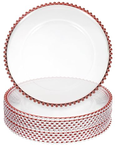 sourcing map Lot de 12 assiettes de présentation rondes en plastique transparent de 33 cm avec bordure en perles pour fête de mariage, événement, décoration de table, rouge