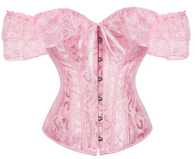 SUIUOI Damkorsett – vintage spets överbröstkorsett med ärmar, figurformande korsett med snörning och satinbustier för elegant utseende, ROSA, S