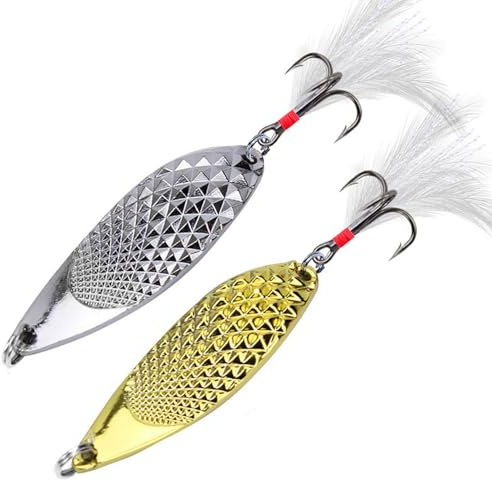 2 Pack Gold Silver Fishing Spoon Lure Brass Spinner Salmon Sea Trout Pike Feather Golden White Feathered Tail Bucktail Long Cast Trebble Hook Wedge Sprat Pollock Mackerel Wedged Spoon 20 Gram