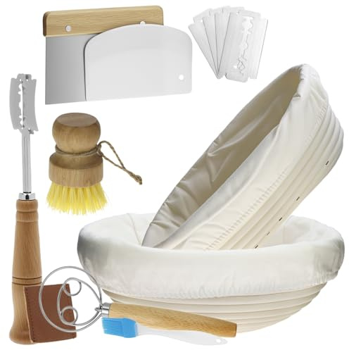 QWORK® Kit da 8 Pezzi Preparazione Pane in Casa - Completo con Cestini Lievitazione e Utensili Professionali per Principianti ed Esperti