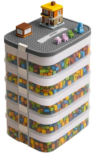 Kruzzel Förvaringslåda med lock, 5 nivåer, byggstenar, lådor 35 l – lådförvaring med lock för Lego, transparent – Lådan innehåller inga block – stapelbara lådor, säkra, stapelbara 25759