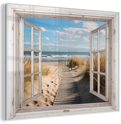 MuchoWow© Glasbilder Wohnzimmer Deko Modern Wandbild Kunstdruck auf Glas | 80x60 cm - Bild Schlafzimmer über Bett Room Decor Geschenke Fenster - Meer - Küste - Natur - Fensterblick - Wattenmeer