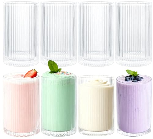 LDHHYH 8 stycken glas räfflade 360 ml räfflade långdrinkglas, cocktailglas-set, ribbade glas för iskaffe, premium dricksglas, räfflade glas för familj, camping, fest