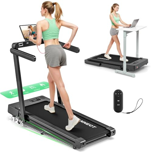 VANNECT 12% Incline Folding Treadmill, 14KM/H Treadmills for Home Foldable with APP & Heart Rate, Wider Belt, 400LBS Capacity Professional Running Machine for Home Office Use, Dual LED Screen