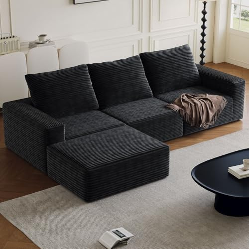 LNRLZYLS Modulares Schlafsofa 3-Sitzer, Bodensofa im modernen Cord-Stoff Design, 278×92×60 cm, inkl. Kissen, montagefrei, Schwarz – ideales Sofa für Wohnzimmer