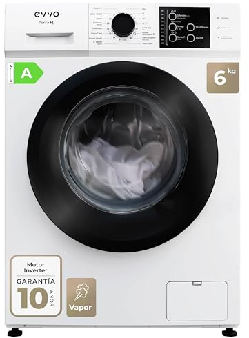 EVVO Lavadora Carga Frontal TERRA K6 - Lavadora Eficiencia Energética A, Motor eDRIVE Inverter, Función Vapor, 1000-1200 RPM, 16 Programas, Lavado Rápido, Limpieza de Tambor, Fondo Estrecho 44 cm