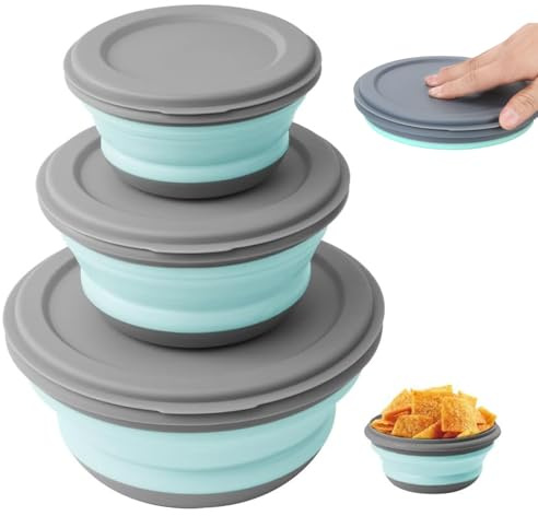 Ezranova Set di ciotole da campeggio pieghevoli, ciotola portatile in silicone con coperchio, ciotola pieghevole, insalatiera portatile, contenitore per il pranzo pieghevole per campeggio, cucina