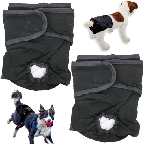 2 Pack Black Reusable Dog Diapers for Female Dogs in Heat, Washable & Highly Absorbent Pet Nappies with Leak-Proof Design, Comfortable Sanitary Wraps Panties for Medium Dogs (L)