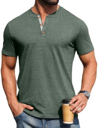 PrinStory Henley - Maglietta da uomo a maniche corte, in cotone, con bottoni, casual, girocollo, basic, Vg verde, M