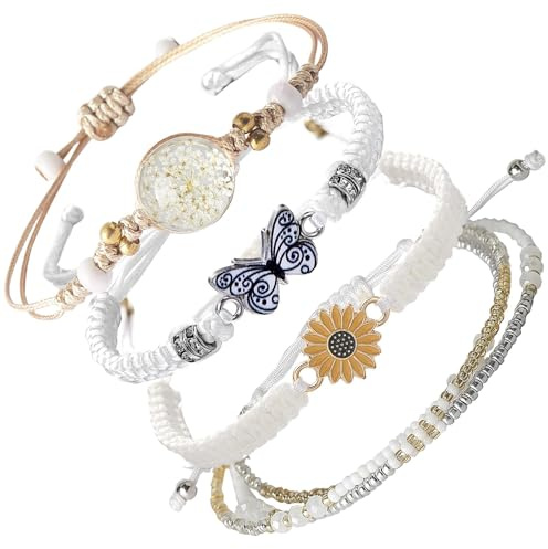 IHLOOTD Bracelet Amitié 4 Pièces Bracelet D'amitié Fille Femme Perle Fleur Papillon Réglable Bracelets Brésilien Cordon Bracelets Tressé (Blanc)
