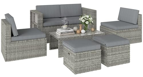 Outsunny Set Salotto da Giardino in Rattan 6 Pezzi, Set di Mobili da Giardino Sovrapponibili Salvaspazio in Acciaio con Divano 2 Posti, 2 Poltrone, 2 Poggiapiedi, Tavolo Vetro, Cuscini, Grigio Scuro