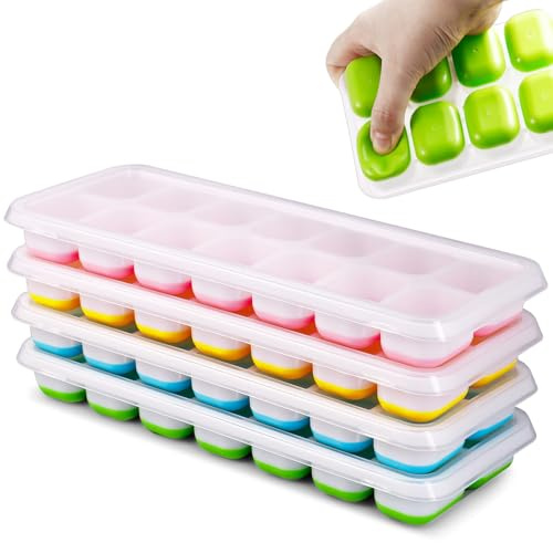 Ice Cube Tray, 4 Pack Silicone Ice Cube Trays with Lid | Square Ice Moulds Stackable, 14 Compartments, for Cocktail, Whiskey, Juice, BPA Free
