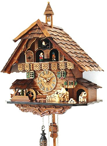 CLOCKVILLA HETTICH UHREN Kuckucksuhr Schwarzwälder Quarzwerk 12 Melodien Schindeln Holzhacker Schwarzwaldhaus mit Glockenturm