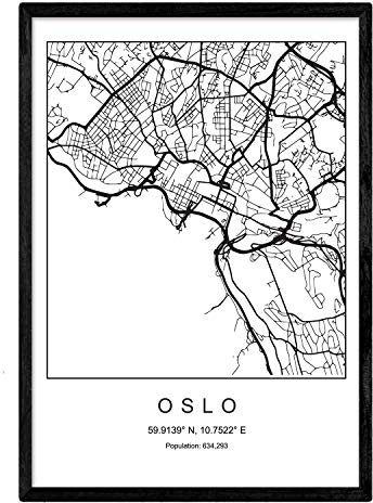 Nacnic Karte der Stadtkarte Oslo Nordic-Stil in Schwarzweiss. Poster A3 Größe mit schwarzem Rahmen gedruckt Papier 250 gr. Bilder, Bettwäsche und Poster für Salon und Schlafzimmer