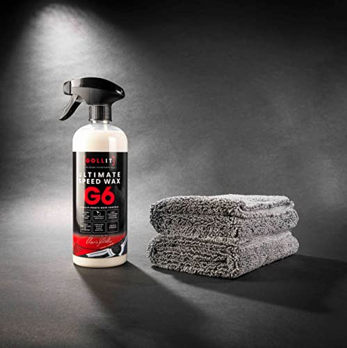 GOLLIT Ultimate Speed Wax 750ml Sprühversiegelung Lackfinish Quick Detailer + 2 Microfasertücher Ultraschall Geschnitten ca. 40cm x 40cm Schwarz - Made in Germany
