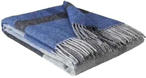 STTS International Wolldecke 100% Schurwolle Wohndecke in versch. Farben Tagesdecke Schurwolldecke Plaid 140 x 200 cm Tirol (Blau-Hellblau-Grau (F))