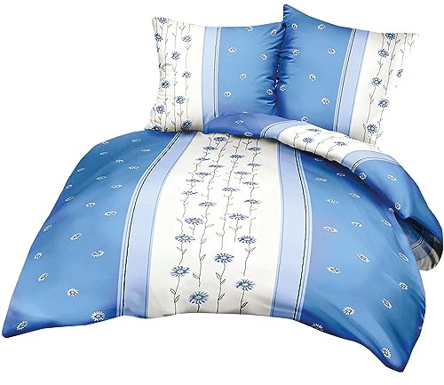 2-teilige Seersucker Bettwäsche 135x200cm + 80x80cm Blumen Blau (S-125/4) | 100% Baumwolle & bügelfrei - Bettgarnitur mit Reißverschluss