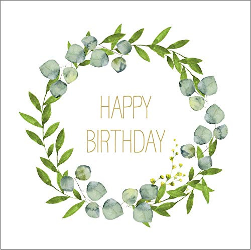 Miss Lovely Lot de 20 serviettes de table d'anniversaire « Happy Birthday Botanical EUKALYPTUS » avec vignes de feuilles blanches, vertes et dorées - Décoration de table d'anniversaire - Accessoires