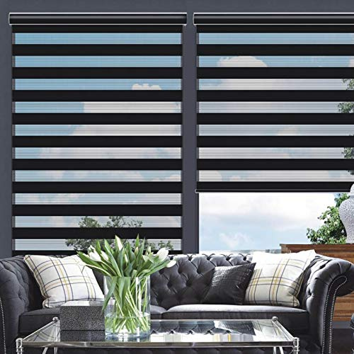 Changshade Cordless Zebra Blinds for Windows, Modern Dual Layer Zebra Blinds with Light Filtering & Privacy Control,Easy Install Zebra Blinds for Indoor Windows,（35 W×72 H,Black）