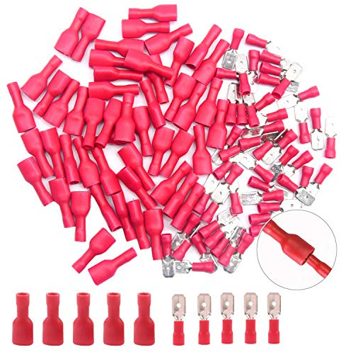 CEEYSEE Kabelschuhe x 100 -Männlich Kabelstecker x50 / Weiblich Kabelstecker x50 Flachsteckhülsen - Isolierte PVC Quetschverbinder - für 0.5-1.5mm² Kabel（Rot/DPSH)