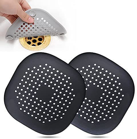Bovinde Hair Drain Catcher,Square Drain Cover for Shower Silicone Hair Stopper with Suction Cup,Easy to Install Suit for Bathroom,Bathtub,Kitchen 2 Pack(Black)