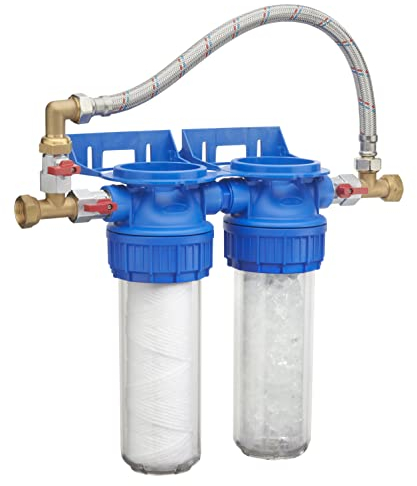 Station Double traitement Anti Calcaire/filtration Anti Impuretés 25 microns avec By Pass + raccords écrous tournants + vannes + clé de desserage + cartouches 12 mois fournies ORIA