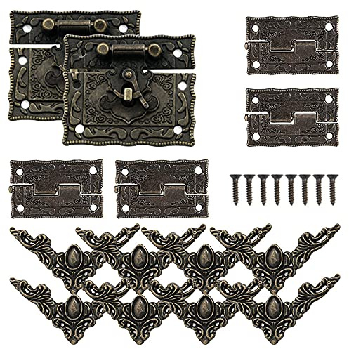 Zasvec Antik Latch Haspe 2 Stück Verschluss für Holzkiste mit Rasthaken Verschluss Lock Antike Vorhängeschloss Hasp und 4 Stück Scharniere Antik 24 Metall Eckenschutz mit Schrauben Bronze