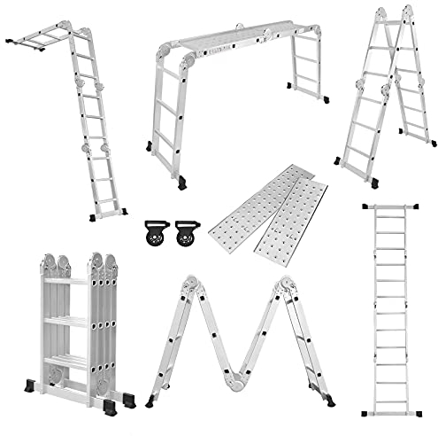 YRHome Scala pieghevole 6 in 1, in alluminio, con piattaforma, portata fino a 150 kg, 4 x 3 gradini, colore: argento