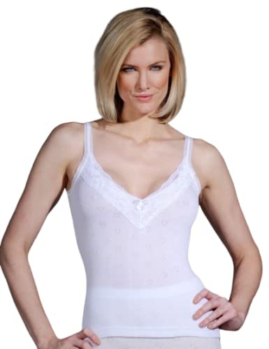 iTRONiK New 100% Cotton Ladies Thermal Underwear-Vest, Short Sleeve, Long Sleeved, Vest, Shoulder top, Long John, Panties - White Made in the UK (S, V Neck Lace)