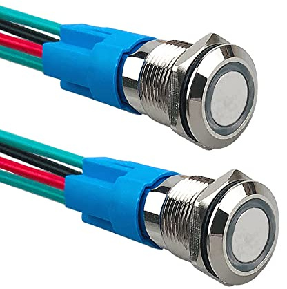 Aiqeer 2 Stück 12 mm Momentan Druckschalter, 12V / 24V 3A Auto Zündung Starter Schalter, IP66 Wasserdichter Edelstahl Druckschalter, mit Vorverdrahteter Steckdose (Weiß LED)