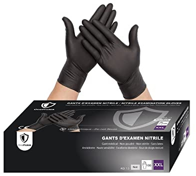 OneProtek Gants jetables noir en nitrile - Boîte de 100 Gants Nitrile - Taille XXL (Très Très Grande) - Sans latex - Résistants et Multi-usages - Protection contre les produits chimiques