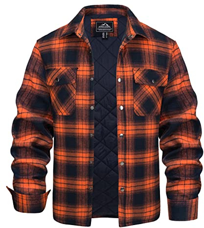 KEFITEVD Rutig flanellskjorta för män jackor vadderad skogsarbetare topp quiltad fodrad skjorta med knappar vinter varma rockar med fickor, Orange, XL