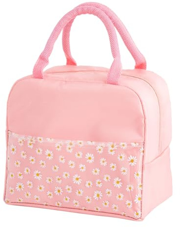 OTKARXUS Lonchera aislada para mujer, portátil, impermeable, con bolsillo transparente con patrón de margaritas, bolsa de almuerzo para adultos, niñas, niños, escuela, trabajo, picnic, viajes (A rosa)