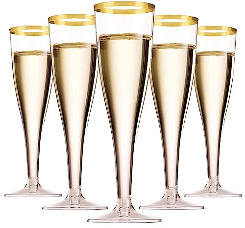 LATERN 50Pcs Gold Rimmed Champagne Flutes, 150ml Plastic Champagne Glasses Reusable Stemmed Party Wine Cups for Garden Wedding Anniversary Shower Parties (5 x 17cm)