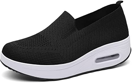 CRETUAO Ortopediska Sneakers för kvinnor, Slip-On Walking Mesh Skor, 2023 Outdoor Comfort Loafers Bred passform Luftkudde Stickad Andas halkfria platta vardagsskor,Black,40 EU