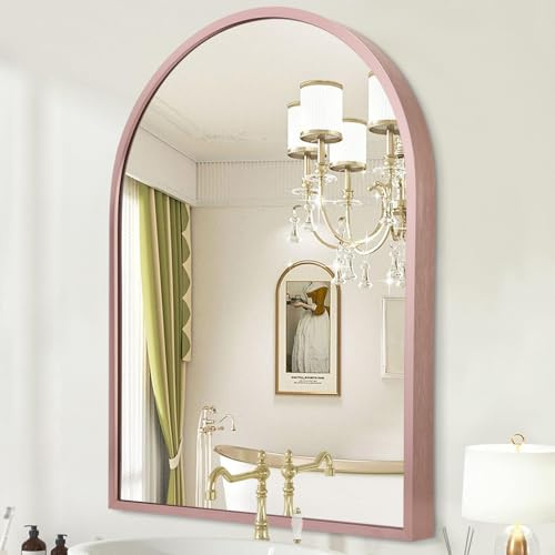 HLFMVWE Gewölbter Wandspiegel, 50 x 40 cm, Wandspiegel mit Rahmen aus Aluminiumlegierung und Bogen, Badezimmerspiegel, gewölbter Spiegel für Badezimmer, Wohnzimmer, Roségold