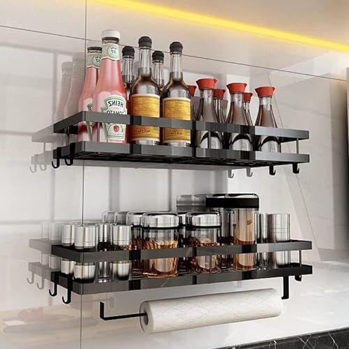 DGHOME 2 Tier Spice Racks Organizer, Wall Mounted Seasoning Rack with Paper Towel Holder and Hooks for Home Kitchen Condiments Spices