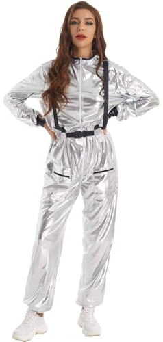 Jugaoge Damen Metallic Jumpsuit Lang/Kurz Overalls Langarm Body Loose Fit Ganzkörperanzug mit Reisverschluss Raumfährerin Astronautin Cosplay Uniformen in Silber
