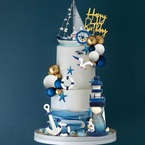 DRWATE Nautical Cake Toppers - Ship, Lighthouse, Balls, Seagull, Anchor, Rudder - Blue, Gold, Dark Blue, White - 24 Count - Birthday Occasion