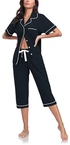 COLORFULLEAF Damen Schlafanzug 3/4 Hose Baumwolle Sommer Pyjama Set Zweiteiliger Kurzarm Top mit Knöpfe Capri Nachtwäsche