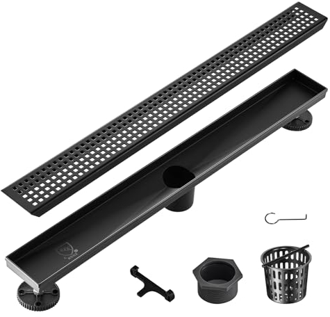 VEVOR 24 Inch Linear Shower Drain with Square Pattern Grate,Brushed 304 Stainless Steel Rectangle Shower Floor Drain, Sleek Linear Drain with Hair Strainer, Matte Black